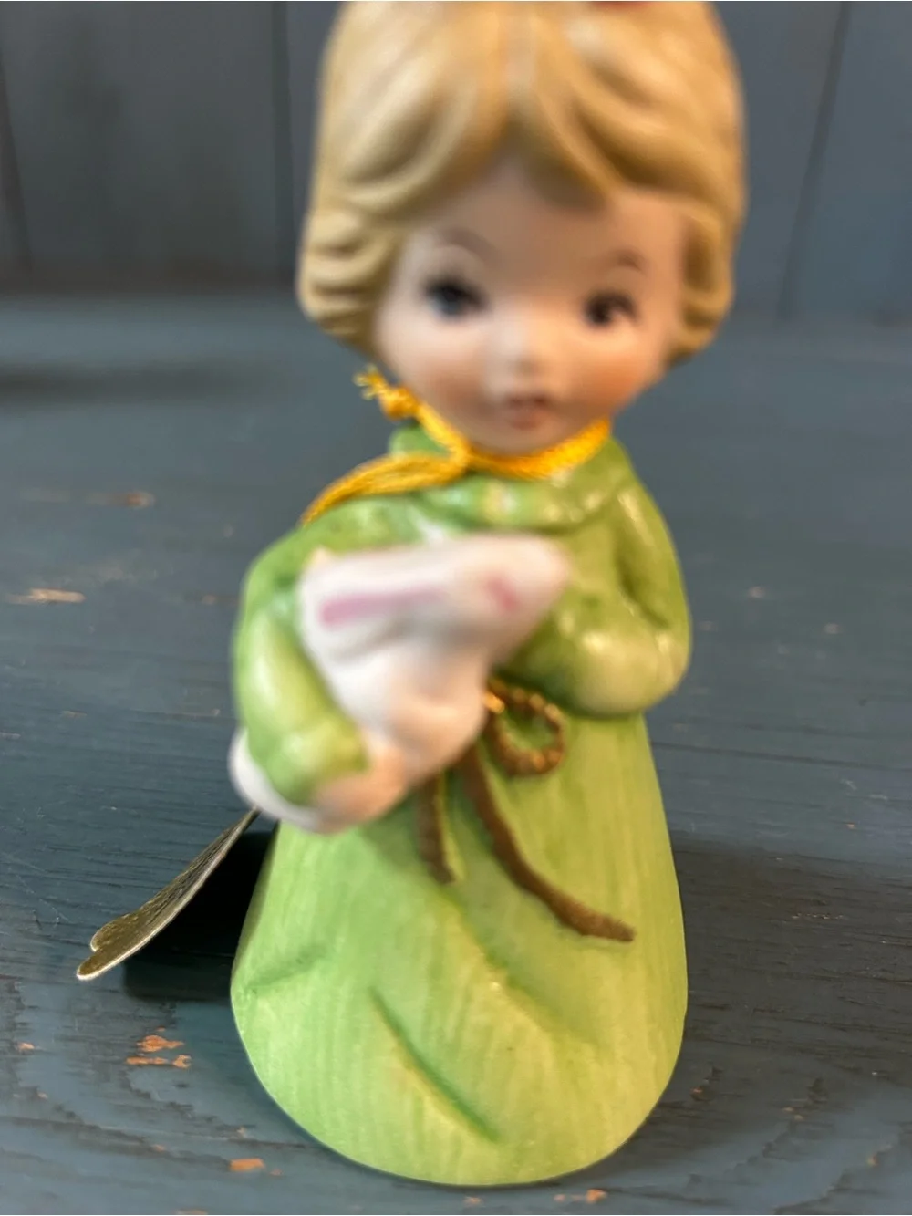 JASCO Vintage 1978 Merri Bells - Green Girl Figurine Holiday Decor with Bunny